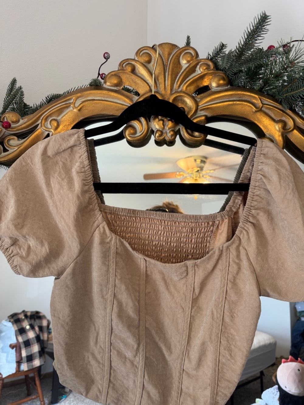 Amazon Taupe Puff Sleeve Square-Neck Crop Top